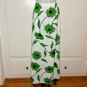 Vintage 70s Beeline Fashions Neon Green White Floral Knit Polyester Maxi Skirt